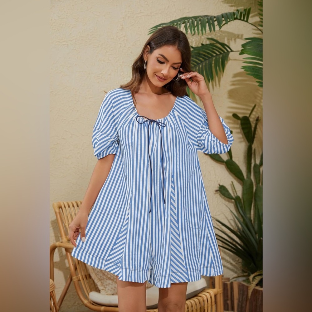Jumpsuit Scoop Neck Puf Sleeve Striped Wide Leg Romper Loose Keyhole Button Back